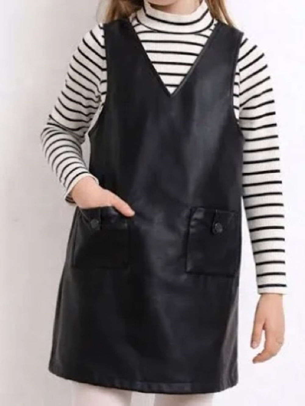 Rachel Zoe Black Faux Leather Kids V‑Neck Pinafore Dress